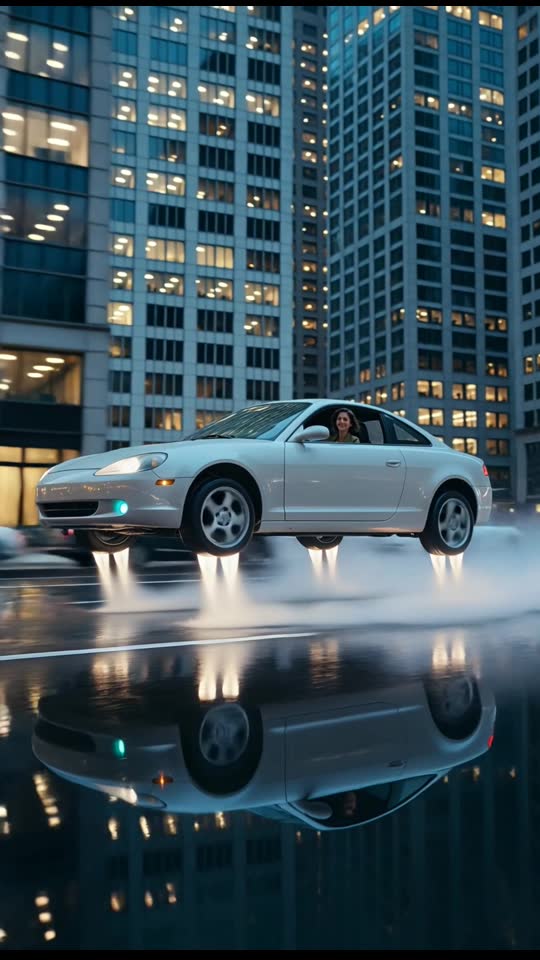 Dusk City Hover example: a silver unbranded sedan with a driver hovers over wet, mirror-like streets between glass towers…