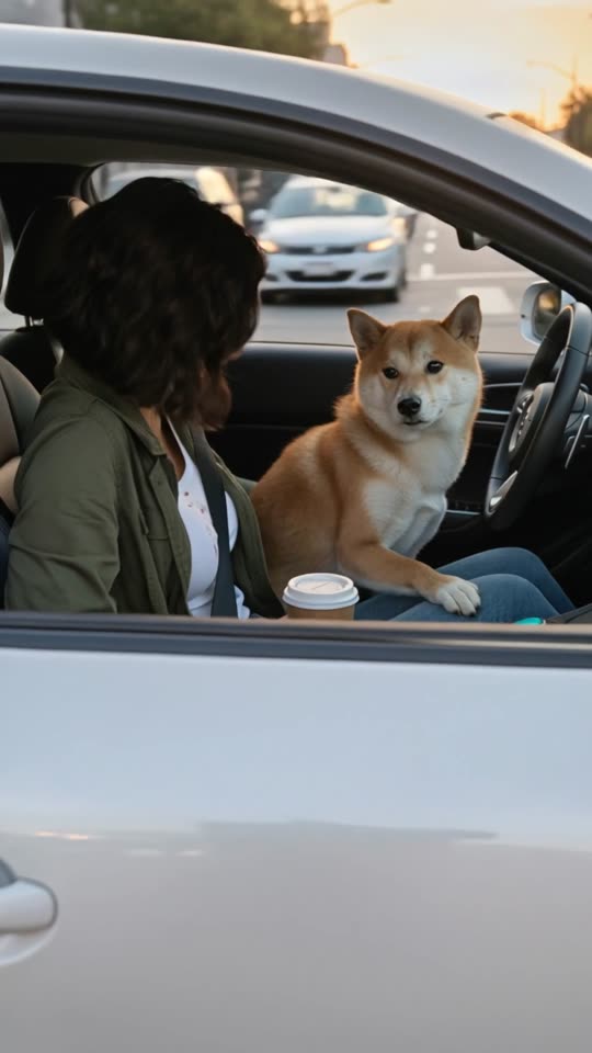 Pet & Couple Flight example: a woman and a shiba inu dog sit side by side in a car cabin, seen through the open passenger…