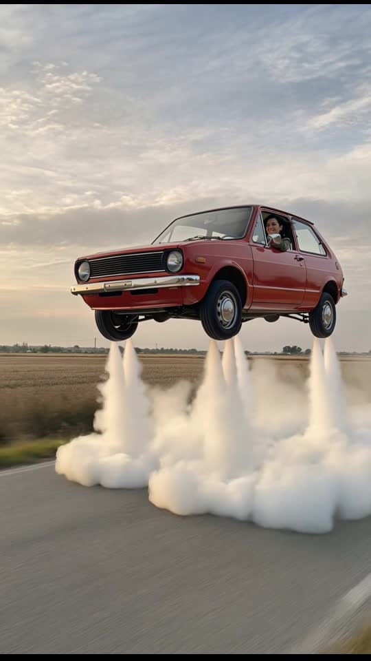 Retro Hatchback Liftoff example: a vintage red hatchback rises above an open road on four columns of white vapor at sunset