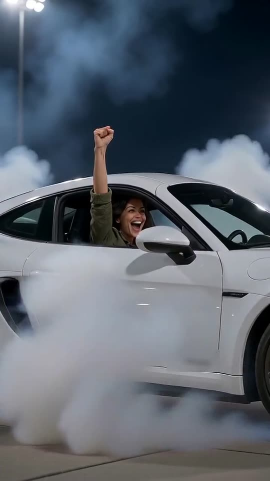 Roadster Flip example: a smiling driver raises a fist from a white unbranded two-seat sports car wrapped in tire smoke at…