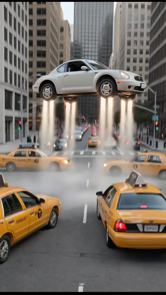 Traffic Fly-Over example: a white unbranded sedan hovers on glowing jets above yellow taxis on a busy downtown street